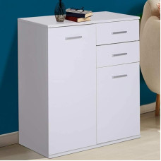 BAKAJI Madia Cabinet with 2 Drawers, Double Door and 2 Shelves, Indoor Multi-Purpose Cabinet, Kitchen, Bathroom, Office, Modern Design, Made of MDF Wood, White, Size 71 x 35 x 76 cm