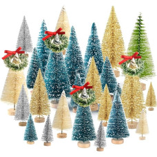 Kuuqa Mini Sisal Snow Frost Christmas Trees Bottle Brush Trees Plastic Winter Snow Ornaments Tabletop Trees with Merry Christmas Letters for Xmas Party Home Party Diorama Models