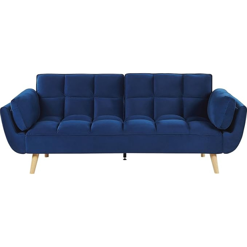 Beliani Sofa Bed 3 Seater Velvet Blue Quilted with Armrests Cushion Thick Cushion Eina