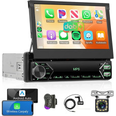 Wireless Carplay Car Radio 1 DIN with Wureless Android Car Mirror Link 7 Inch Manual Retractable Screen Car Radio