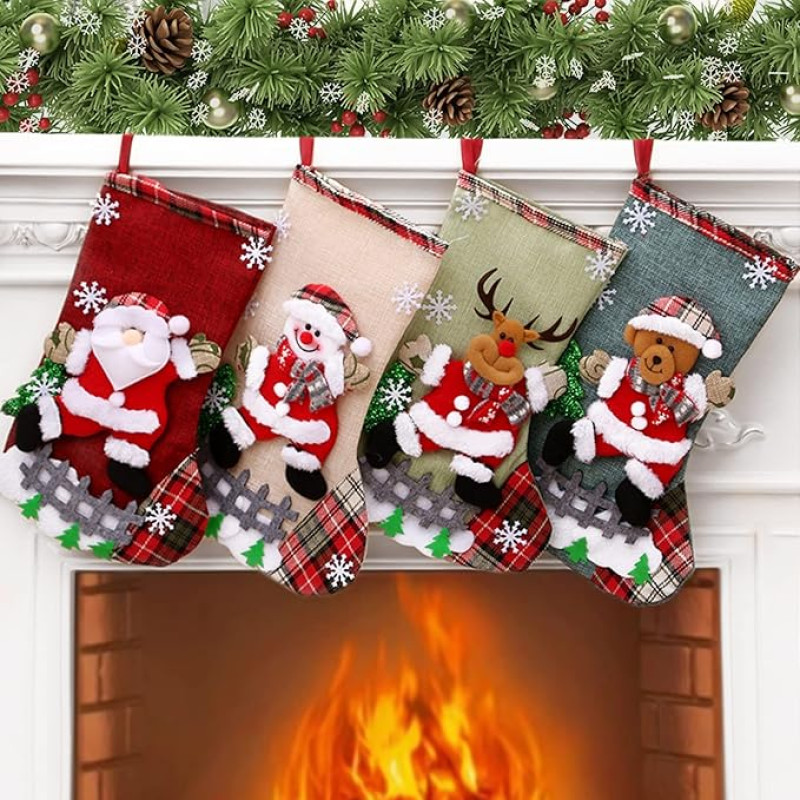 JOYBOY Christmas Stockings, 4 Pieces Santa Stocking Set, Christmas Stocking Gift Bag, Santa Stocking Socks, Christmas Stocking Set, Christmas Tree Socks, Santa Socks, Christmas Stockings