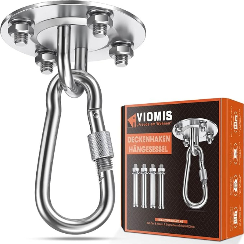 Viomis Ceiling Hook Hanging Chair Premium Stainless Steel Holder 400 kg Load Capacity for Hanging Chair Hammock Punch Bag Sling Trainer Yoga Towel Awning Nest Swing Seat Swing