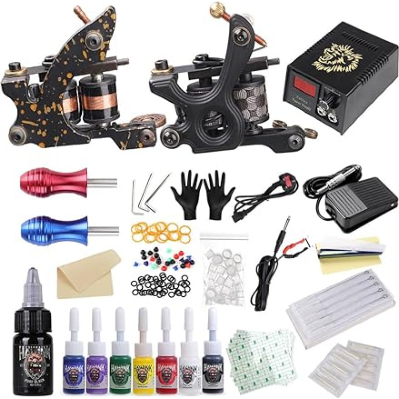 HAWINK Pilnas tatuiruočių rinkinys pradedantiesiems Tatuiruočių maitinimas 2 Pro Tattoo Machine Kit 8 Tattoo Ink Set Tattoo Accessories TK-HW2006