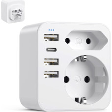 6-in-1 JAV adapterio kištukinis lizdas, adapteris JAV Vokietija kištukas su 3USB 1USB C (3.4A), kelioninis adapteris JAV kištukinis lizdas, kelioninis kištukinis maitinimo adapteris Amerikai, Kanadai, Tailandui, Meksikai (baltas)