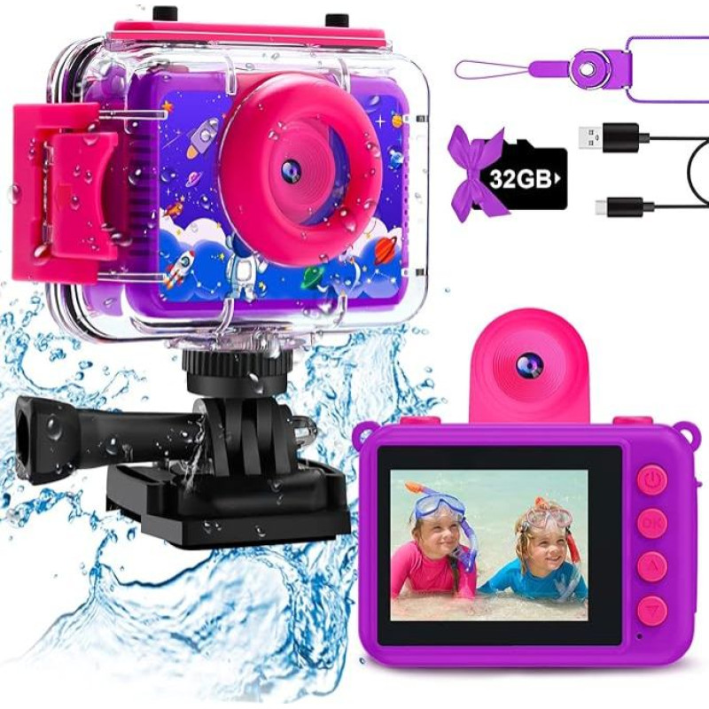 GKTZ Gift for Girls 3-12 Years Old, Children's Camera Waterproof with 32GB SD Card, 20MP & 1080P HD Selfie Digital Camera Children, Camera Children's Underwater Camera