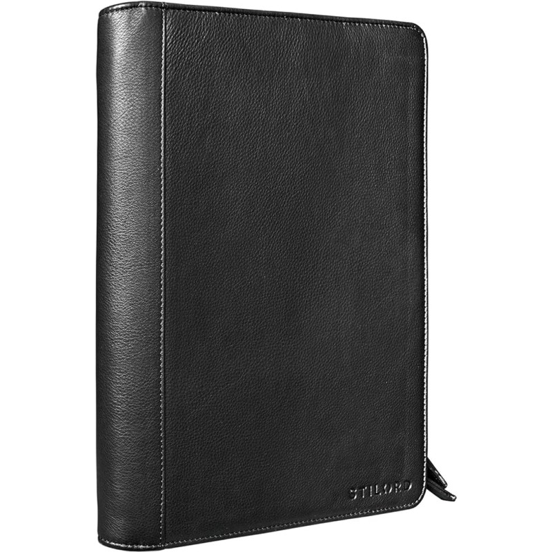 STILORD 'Julius' Vintage Conference Folder Leather Writing Case Document Folder A4 Organiser 12 Inch Tablet Bag Original Cowhide Leather, juoda, portfelinė