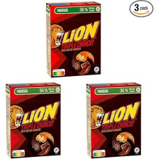 Nestlé Lion Triple Crunchy, knusprige Frühstücks-Cerealien in Churros-Form mit Milchschokolade & Salted Caramel, 36% Vollkornanteil, 3er Pack (1x300g)