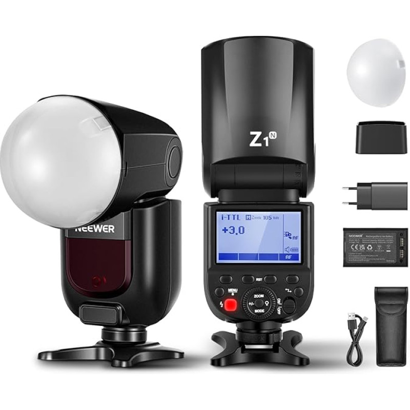 NEEWER Z1-N TTL blykstė su apvalia galvute Speedlite Flash, suderinama su Nikon, blykstė su magnetiniu difuzoriumi, 76 Ws 1/8000 s HSS, 10 lygių LED reguliavimo lemputė, 7,4 V 2600 mAh ličio baterija, 1,5 s