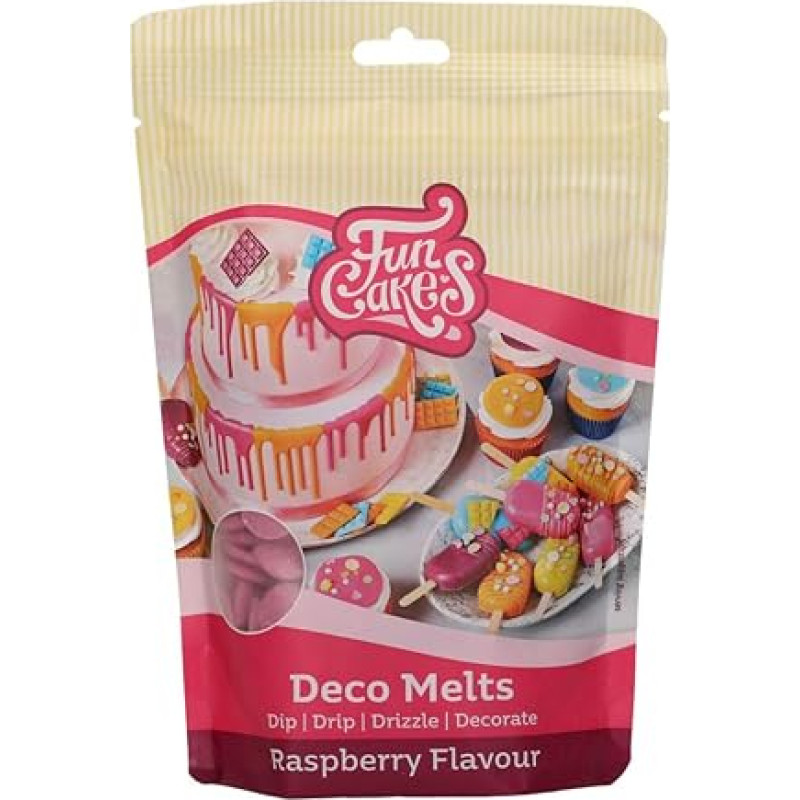 FunCakes Deco Melts Raspberry Flavour - Dip, Drip, Decorate! Melt in the microwave and pour into any mould. Make candies, decorate cakes, biscuits and cupcakes! AZO free. 250 g