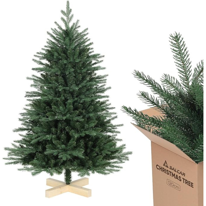 SALCAR Artificial Christmas Tree 120 cm with Wooden Stand, PE Lifelike Injection Moulded Elements and PVC Nordmann Fir, 1.2 m Artificial Christmas Tree (Diameter 86 cm)