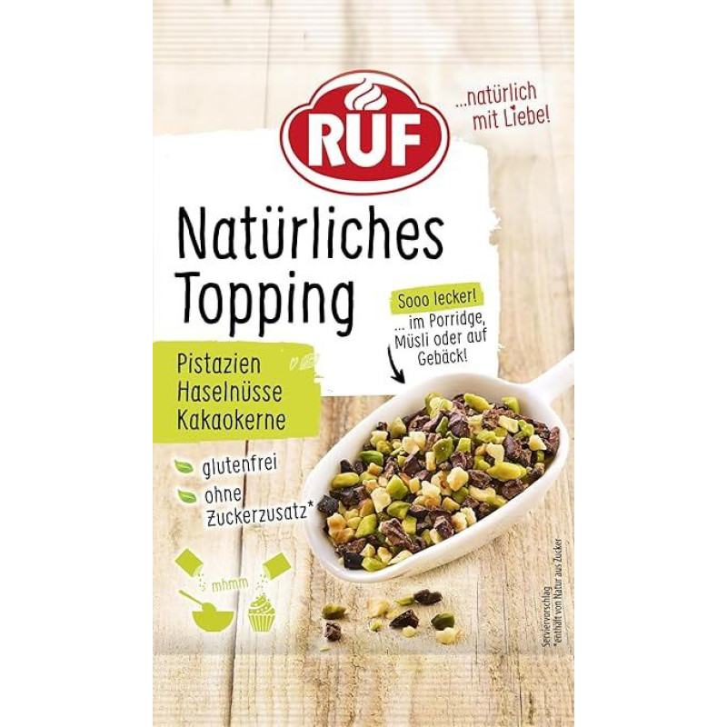 RUF Natural topping with pistachios, hazelnuts, cocoa kernels, without artificial additives, delicious on porridge, cereal, gluten-free and vegan, 30 g