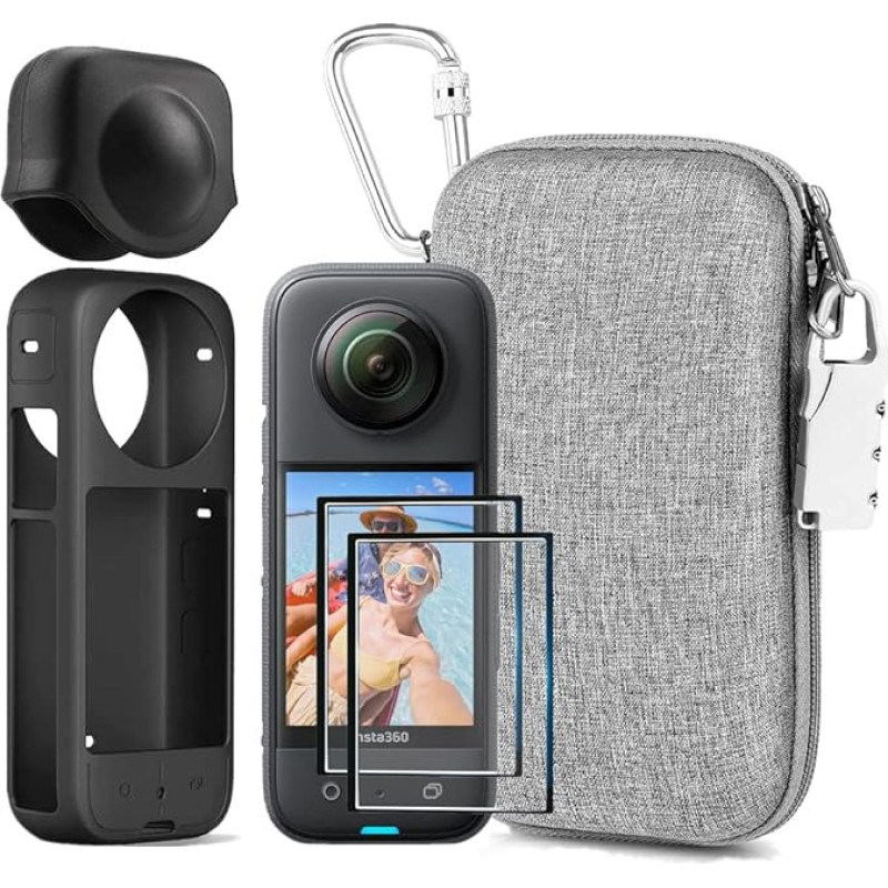 LEWOTE 7-in-1 Insta360 X3 priedų rinkinys, silikoninis fotoaparato dėklo dangtelis ir objektyvo dangtelis, 2 dalių 3D ekrano apsauginė plėvelė, lauko krepšys su automatiniu užraktu ir užraktu nuo praradimo