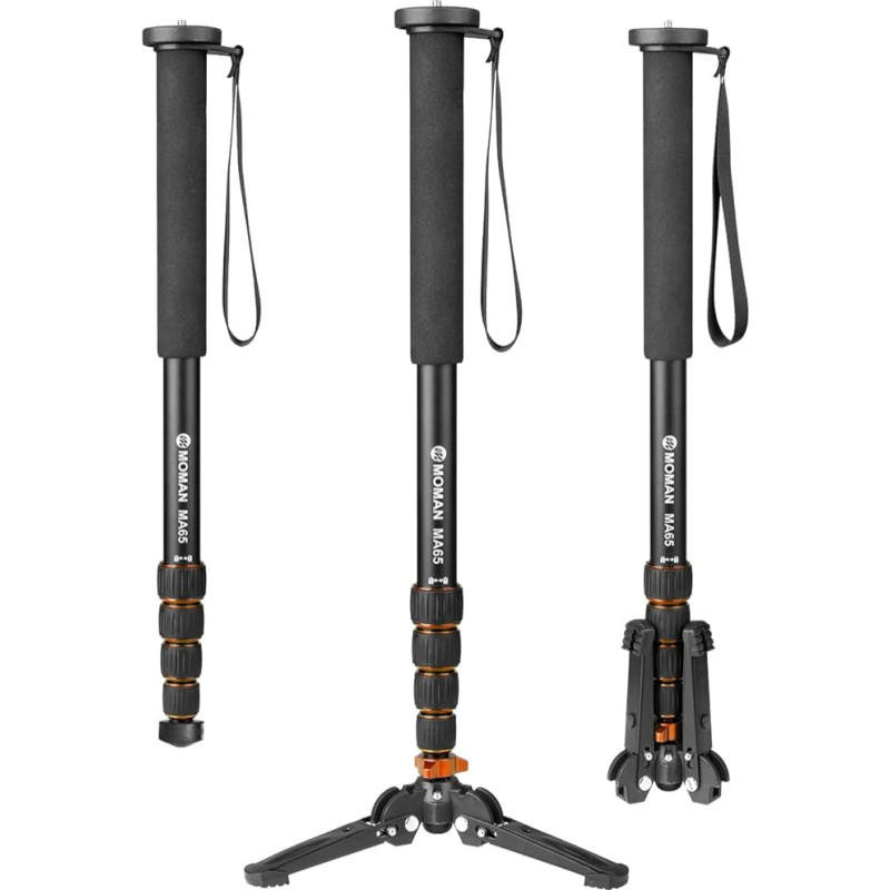 Einbeinstativ, Moman MA65 Kamera Stativ mit Füßen Aluminium Reisestativ DSLR Monopod Kompakter Tragbarer Fotografie Einbein-Stative 5 Abschnitte bis zu 165cm Nutzlast 10kg, Schwarz Orange