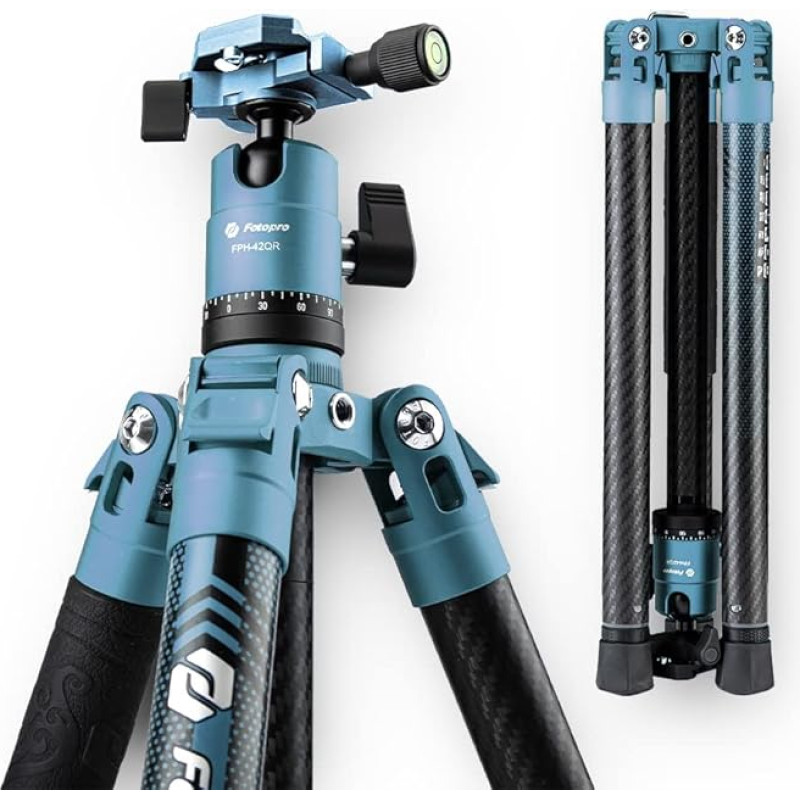 Fotopro Carbon Tripod 151 cm 360 laipsnių rutulinės galvutės greito atleidimo plokštelė Lengvas fotoaparato trikojis, skirtas kelionėms Trikojis sulankstytas tik 36 cm aukščio, maksimali apkrova iki 10 kg, mėlynas