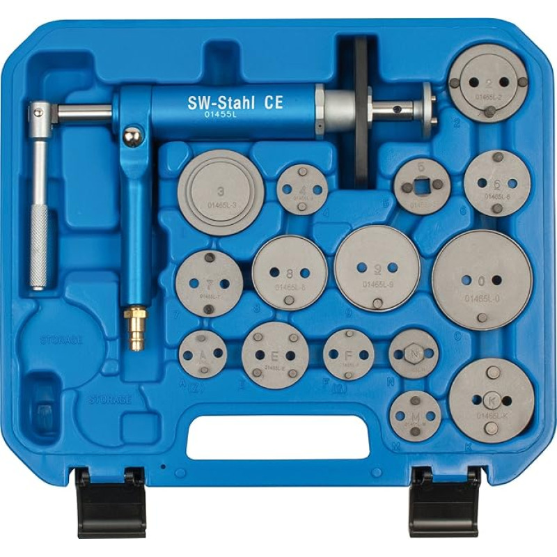 SW-Stahl 01465L Universalus stabdžių stūmoklių pervyniojimo įrankis, 16 dalių, stabdžių stūmoklių pervyniojimo įrankis, su suslėgto oro verpste, skirtas dešinės ir kairės pusės besisukantiems stabdžių stūmokliams