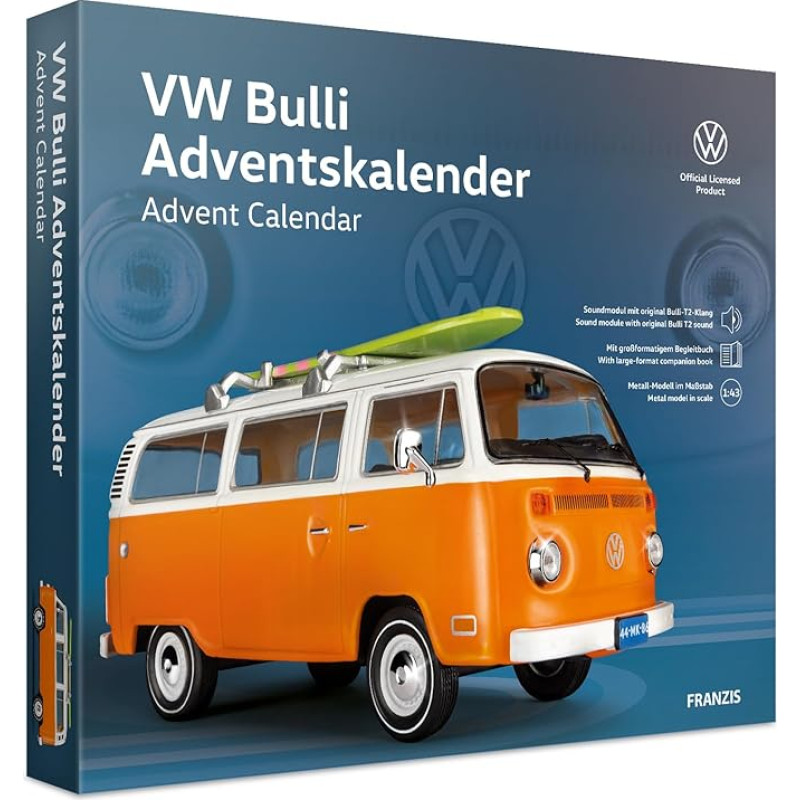 FRANZIS 67223 VW Bulli Advent Calendar Including Metal Model Car in Scale 1:43, Sound Module with Original VW Bulli T2 Sound and Large Format Accompaniment Book From 14 Years