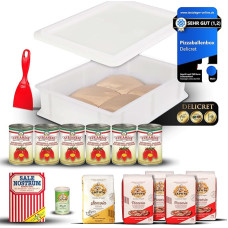 DELICERT Deluxe Starter Kit, 6 x San Marzano DOP, 1 x Fine Sea Salt, 4 x Caputo Pizzeria, 1 x Semola, 1 x Dry Yeast, 1 x Pizza Scraper, 1 x Pizza Ball Box with Lid and Flyer