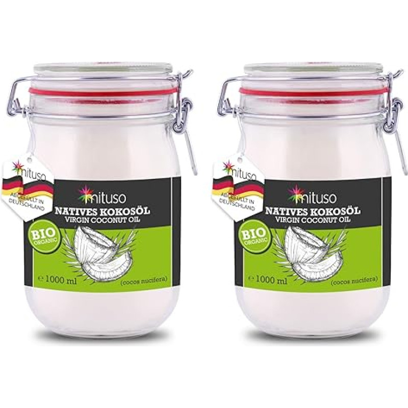 mituso Organic Coconut Oil Virgin Pack of 2 (2 x 1000 ml) in Glass