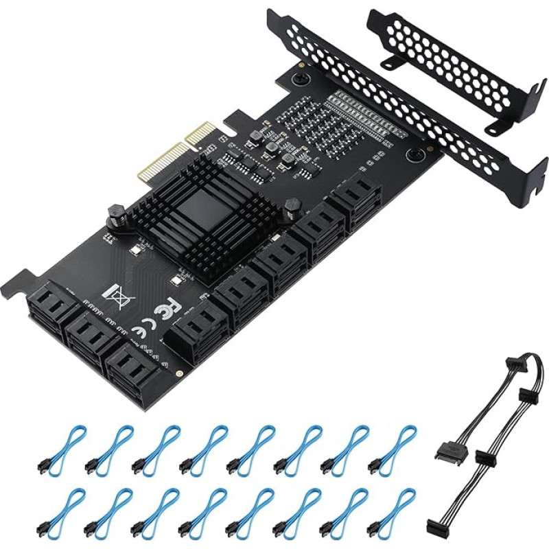 YBBOTT PCIe SATA Card, PCIe to SATA Controller Expansion Card, 6 Gbps X4/X8/X16, Supports 16 SATA 3.0 Devices with 16 SATA Cables and Low Profile Bracket (ASM1166 Chip)