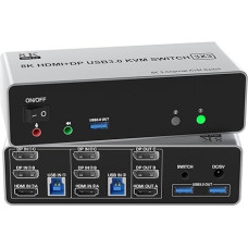 8K@60Hz HDMI +2 Displayport USB 3.0 KVM jungiklis 3 monitoriai 2 kompiuteriai DP 1.4 + HDMI 2.1 KVM jungiklis Trigubas monitorius su garso mikrofono išvestimi ir 3 USB 3.0 prievadais Trigubas monitorių jungiklis