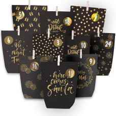 Advent Calendar Bags for Filling, Christmas Calendar Paper Bags for DIY Crafts, DIY Advents Kraft Paper Bags Self Filling to Fill Yourself, Black Gold Motif, 24 Printed Gift Bags