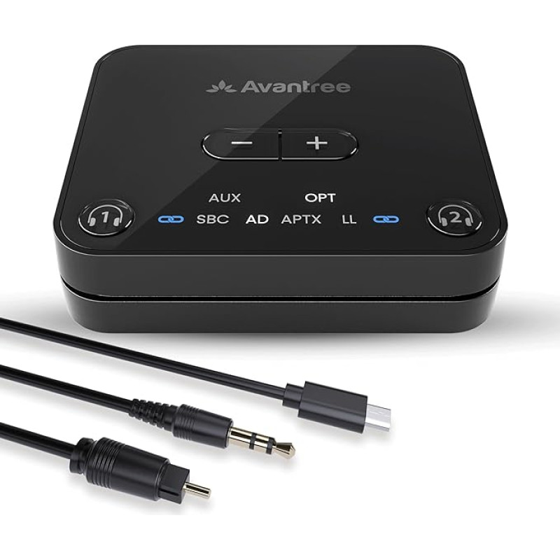 Avantree Audikast 3 Bluetooth 5.3 Transmitter Transmitter for TV with Optical or AUX Audio Output, aptX Adaptive, Dual Link for 2 Headphones and 30 Metre Range