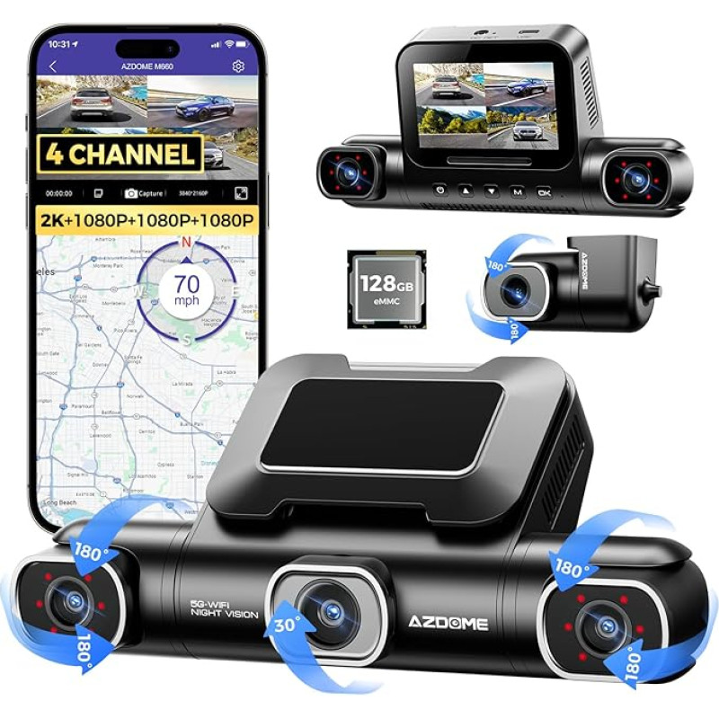 AZDOME 4 Channel 4K Dash Cam Car 360 Degree with 128GB eMMC, 2.5K+1K+1K Dashcam, 5G WiFi, Voice Control Dashcam Car Front Rear, IR Night Vision, Parking Mode, Steering Fatigue Reminder (M660)