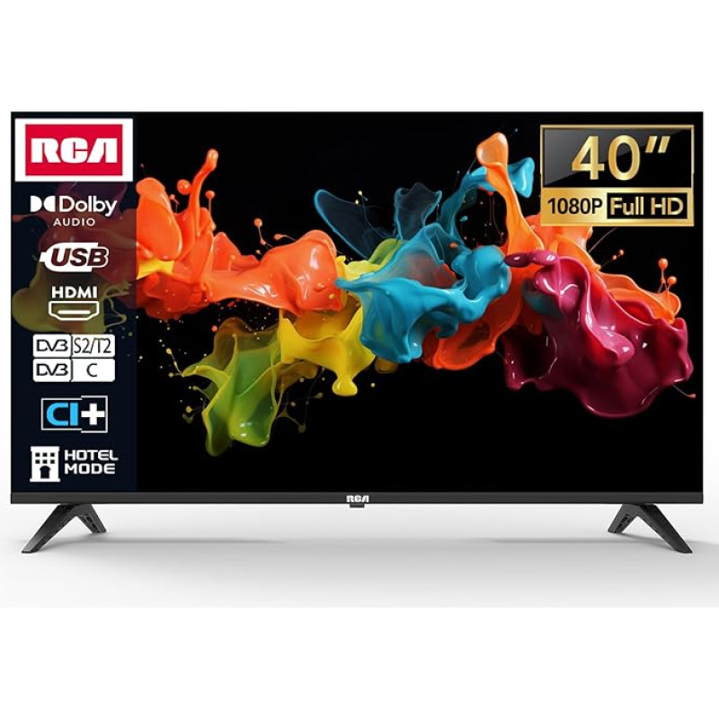 RCA TV 40 colių (100 cm) Full HD LED televizorius su trimis imtuvais (DVB-T/T2-C-S/S2), USB medijos grotuvu, HDMI, CI/CI+, viešbučio režimu (2024)