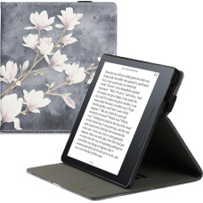 kwmobile Hülle kompatibel mit Amazon Kindle Oasis 10. Generation Hülle - Case mit Schlaufe und Ständer - Magnolien Taupe Weiß Blaugrau