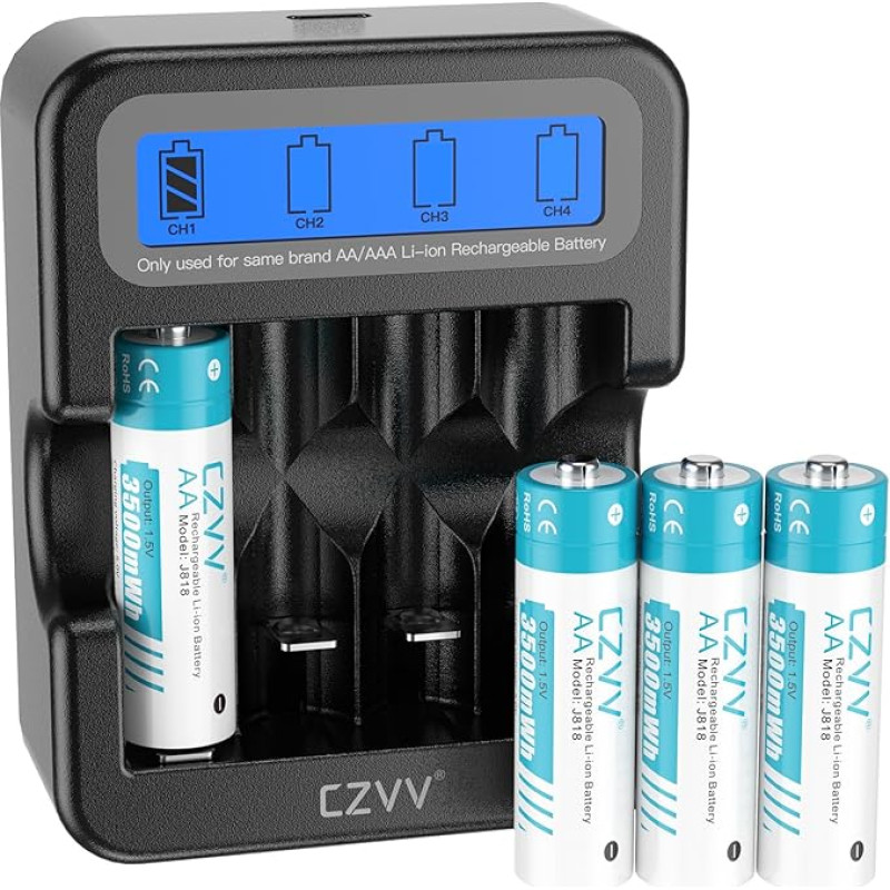 czvv Įkraunamos baterijos AA ličio 1,5 V - didelės talpos 3500 mWh - 1300 įkrovimo ciklų - 4 baterijų pakuotė su įkrovikliu su LCD ekranu, 2 val. greitas įkrovimas, mažas savaiminis išsikrovimas (juoda)