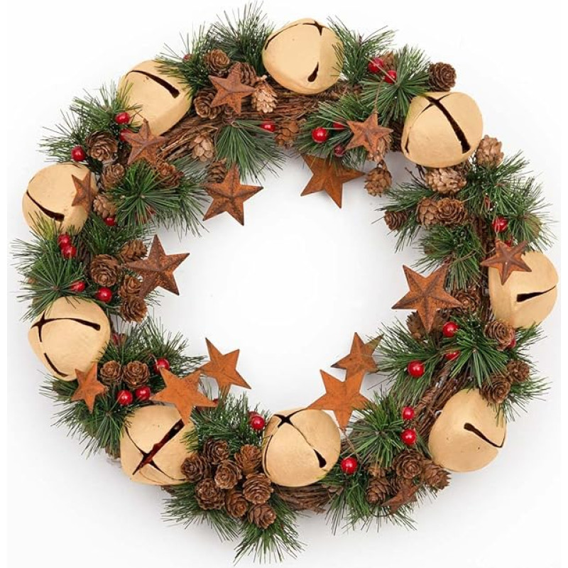 Kalėdinis vainikas su kreminiais varpeliais Žvaigždės Pušų spurgai Uogos Lapai Lauko Kalėdos Namų biuro mantijos dekoracijos