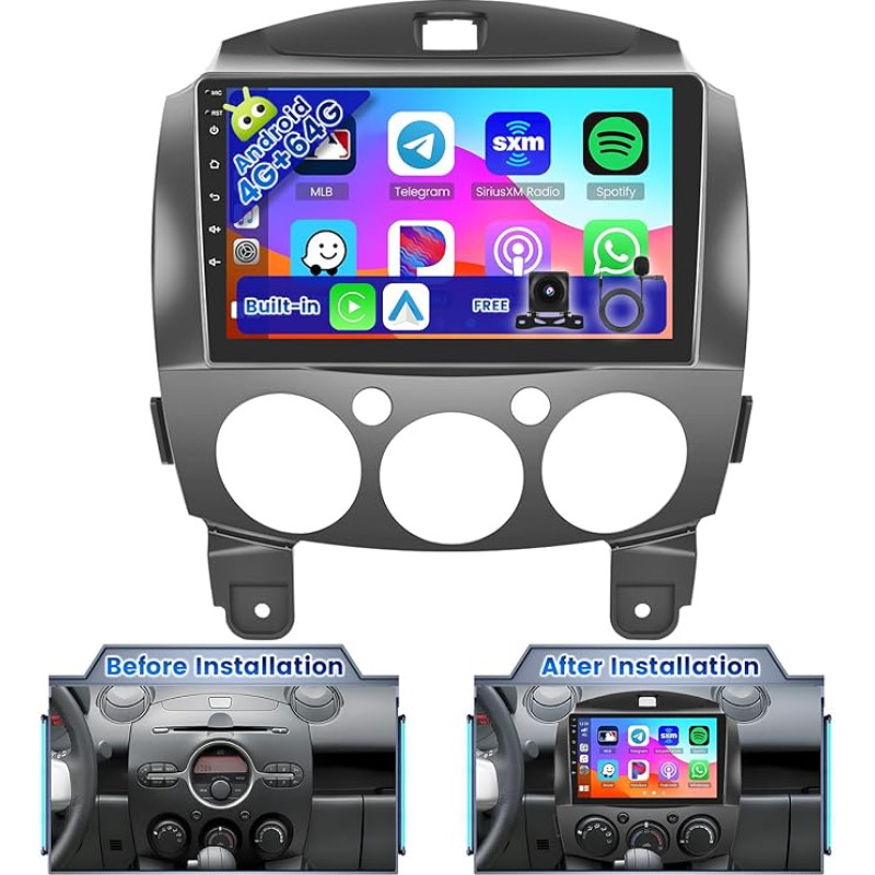 Ohradio 4+64G Android 2 DIN automobilinis radijas Mazda 2 2007 2008 2009 2010 2011 2012 2013 2014 su Carplay Android automobilinis belaidis 9 colių jutiklinis ekranas WiFi FM/RDS USB Bluetooth atbulinės eigos kamera + mikrofonas