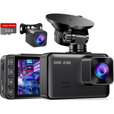 Dash Cam Car Front Rear 2 Inch IPS Screen Mini Car Camera, 2.5 K + 1080P Full HD Dash Cam for Cars with G-Sensor, 170° Wide Angle, 24H Parking Monitoring, Loop Recording, Night Vision, 32 GB Card