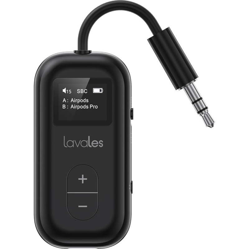 Lavales SafeFly Dual - Premium Aeroplane Bluetooth 5.3 Adapter for 2 AirPods or Headphones, aptX Low Latency, 3.5 mm AUX Jack Audio Transmitter with OLED Display for Air Travel, TV, Tablets