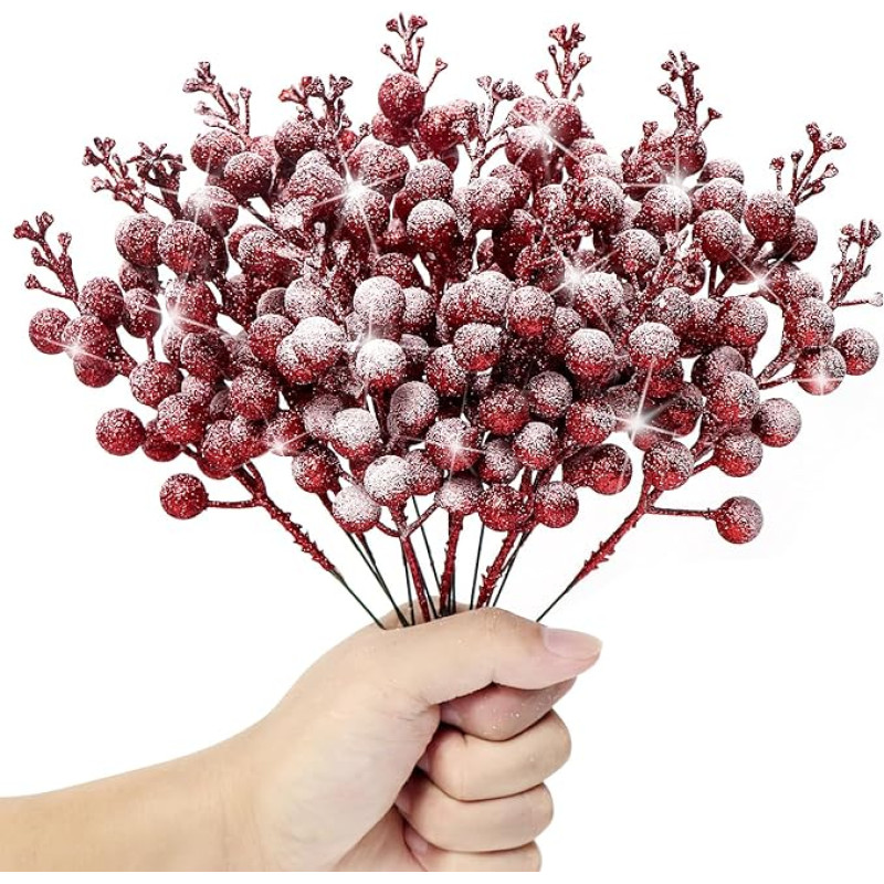 Kunjocy 12 vienetų Snowy Kalėdų uogos su blizgučiais stiebai Šaldymo Kalėdų uogos dekoracijos Dirbtinės Kalėdų uogos Picks Kalėdų vainikas girlianda Kalėdų eglutės dekoracijos