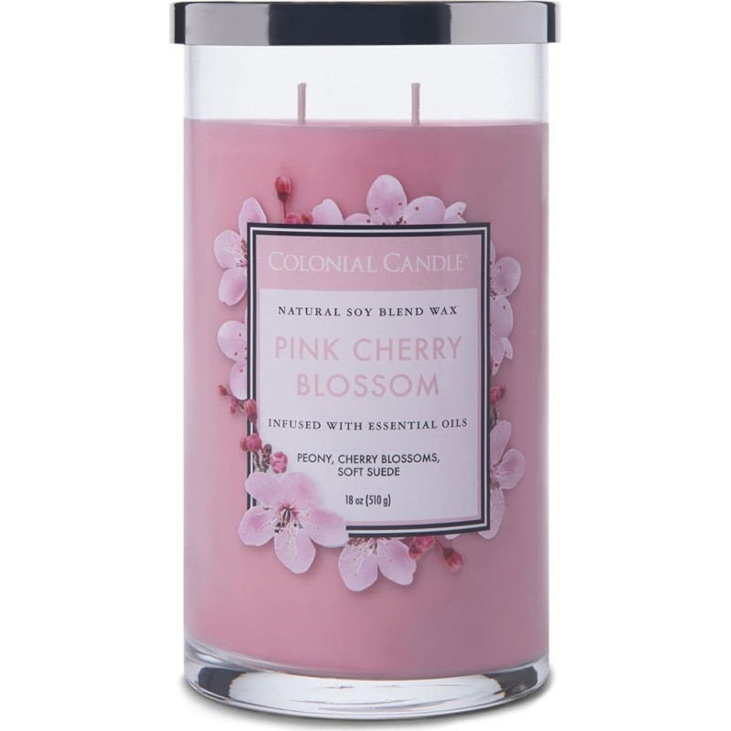 Colonial Candle Didelė kvapioji žvakė stiklinėje su dangteliu | Pink Cherry Blossom | Vyšnių kvapo žvakė | Žvakės su keliomis dagtimis | Žvakės ilgai dega (60 h) | Žvakės rožinės spalvos (538 g)