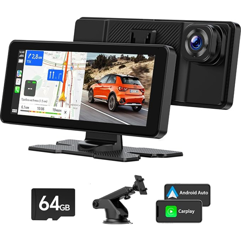 Lamto Wireless Stereo Screen for Apple Carplay Android Car Radio, 6.86 Inch UHD IPS Touchscreen with 2.5K Dash Cam Multimedia Player with Wi-Fi Bluetooth/FM/Mirror Link/AUX + 64G Card
