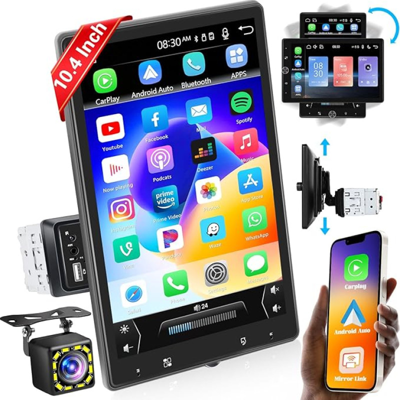 Hikity 1 DIN Apple CarPlay Car Radio with Screen Rotated Android Car Radio with 10.4 Inch Touch Display Bluetooth Hands-Free Car Radio with Rear Camera