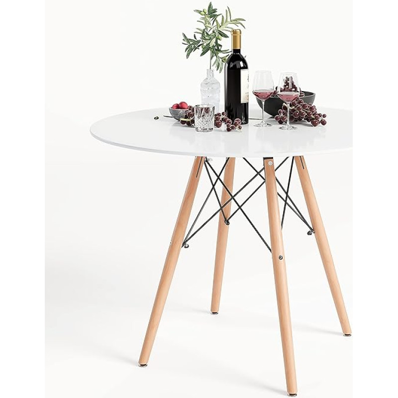 GOLDFAN Apvalus valgomojo stalas Medinis valgomojo stalas Baltas apvalus modernus medinis stalas 80 cm Virtuvės stalas svetainei Valgomasis stalas Virtuvė