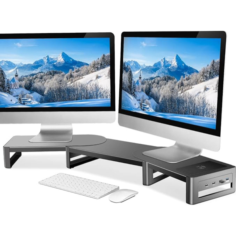meatanty Dviejų monitorių stovas, USB monitoriaus stovas su reguliuojamu ilgiu ir kampu, metalinis monitoriaus stovas stalui, monitoriaus stovas 2 monitoriams su laikymo vieta (3 lentynos)