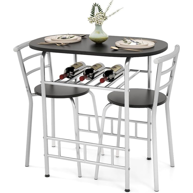 GIANTEX 3 dalių valgomojo rinkinys 1 mažas ovalus stalas ir 2 kėdės su butelių laikikliu Medienos tekstūros stalviršis, tvirtas metalinis rėmas (natūralus) (sidabrinis)