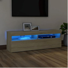 TJROO TV spintelė su LED apšvietimu, Sonoma ąžuolas, 120 x 35 x 40 cm, daugiasluoksnė mediena, TV spintelė, Vitrina, Spintelė su LED, Svetainės baldai su durelėmis, TV spintelė, TV baldai