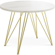 WFL GROUP Round Extendable Dining Table, Loft Style Table with Golden Metal Legs, 100 to 180 cm, Industrial Glamour Table for Living Room, Spacesaver, White Marble, 100 cm