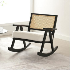 chairus Padded Rocking Chair for Living Room, Faux Fur Recliner Chair with Rattan Backrest, Rocking Chair with Solid Wood Legs for Bedroom (Black)