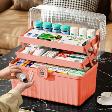 MaxEarn 3 Layer Medicine Organiser, Portable First Aid Storage Box, Medicine Case, Craft Box with Handle, Empty Medical Storage Cabinet, Pink Family Emergency Kit, 32 x 18 x