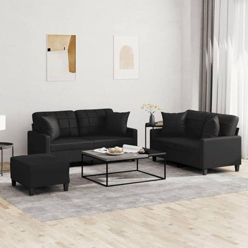 SECOLI Sofos komplektas 2 sėdimos vietos + 2 sėdimos vietos + kojos, 2-2 sofos komplektas Sofos komplektas Svetainės sofų komplektai Sofa Lounge Sofa ir sofos Dirbtinė oda Juoda