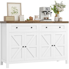 HOCSOK Sideboard, 140 cm Wide Kitchen Cabinet with Adjustable Shelves, Buffet Cabinet with 2 Drawers 4 Doors, Kitchen Buffet for Living Room, Kitchen, Hallway, White