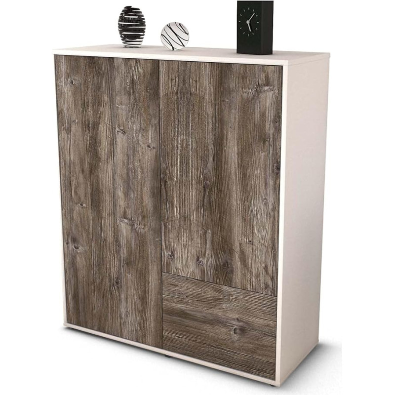 Stil.Zeit Livia Highboard, Matte White, Front Wood Design Driftwood (92 x 108 x 35 cm), Push-to-Open Technology and Smooth Running Rails