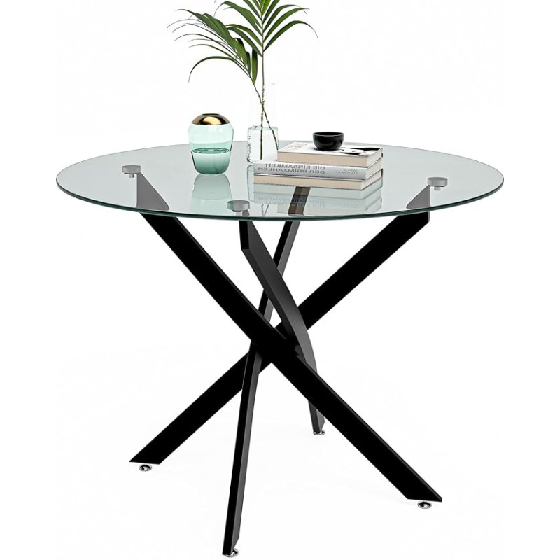 NIERN Round Dining Table for 2-4, 80 cm, Tempered Glass, Small Round Kitchen Table with Metal Legs, Modern Dining Room Table for Kitchen, Dining Room (Black)