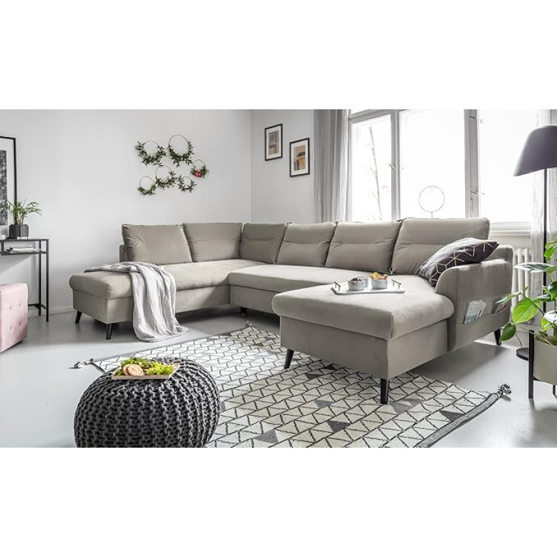 MIUFORM kampinė U formos sofa su miego funkcija ir lovos dėže, stilinga, gyvenamasis kambarys, sofa-lova, svetainė, svečių kambarys, medinės kojelės, lengvai valomas audinys, aksomas (smėlio spalvos, išlyginta į kairę)